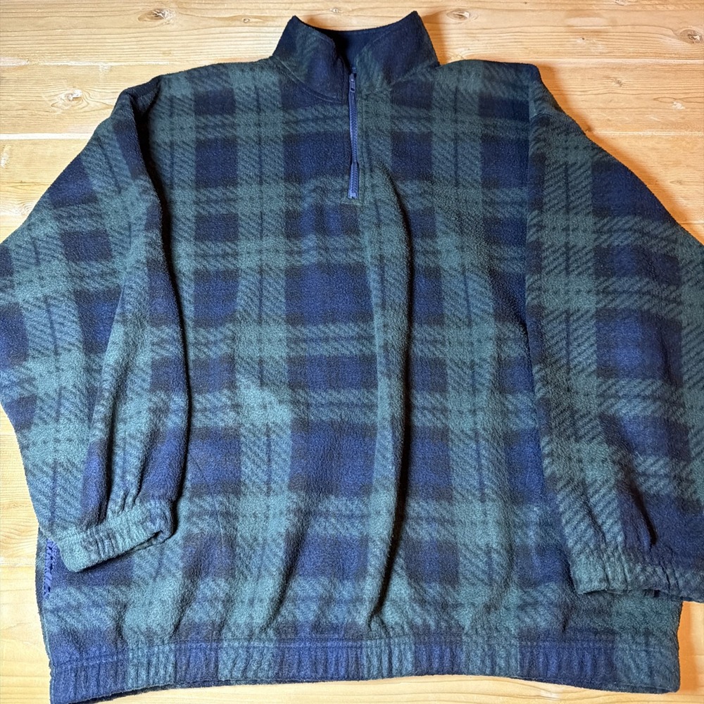 Vintage‎ Bugle Boy 1/4 Zip Fleece Jacket Mens Size XL Blue Green Plaid